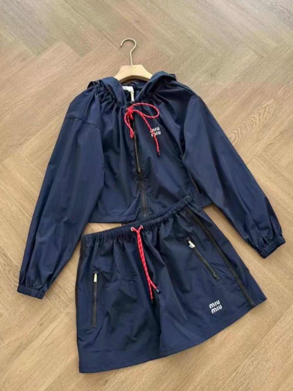 Miu Miu Dark Navy Two Piece Outfit Hooded Jacket + Shorts Matching Set Size S